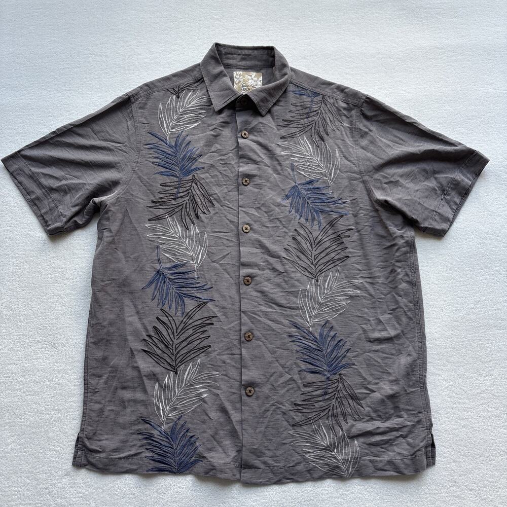 Tasso Elba Island Button Up Shirt Mens Large Grey Silk Embroidered Tropical Palm